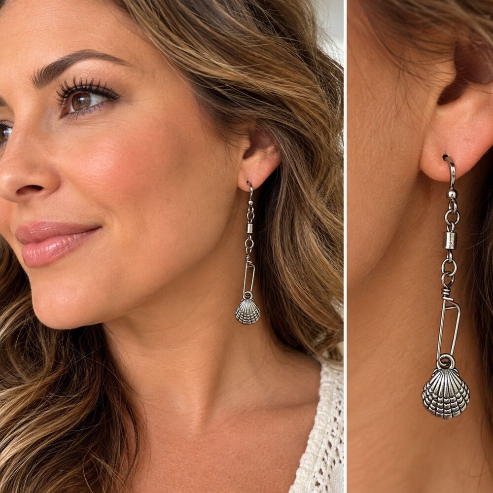 Silver Tone Seashell Dangle Earrings Long Coastal Beach Ocean Nautical Jewelry